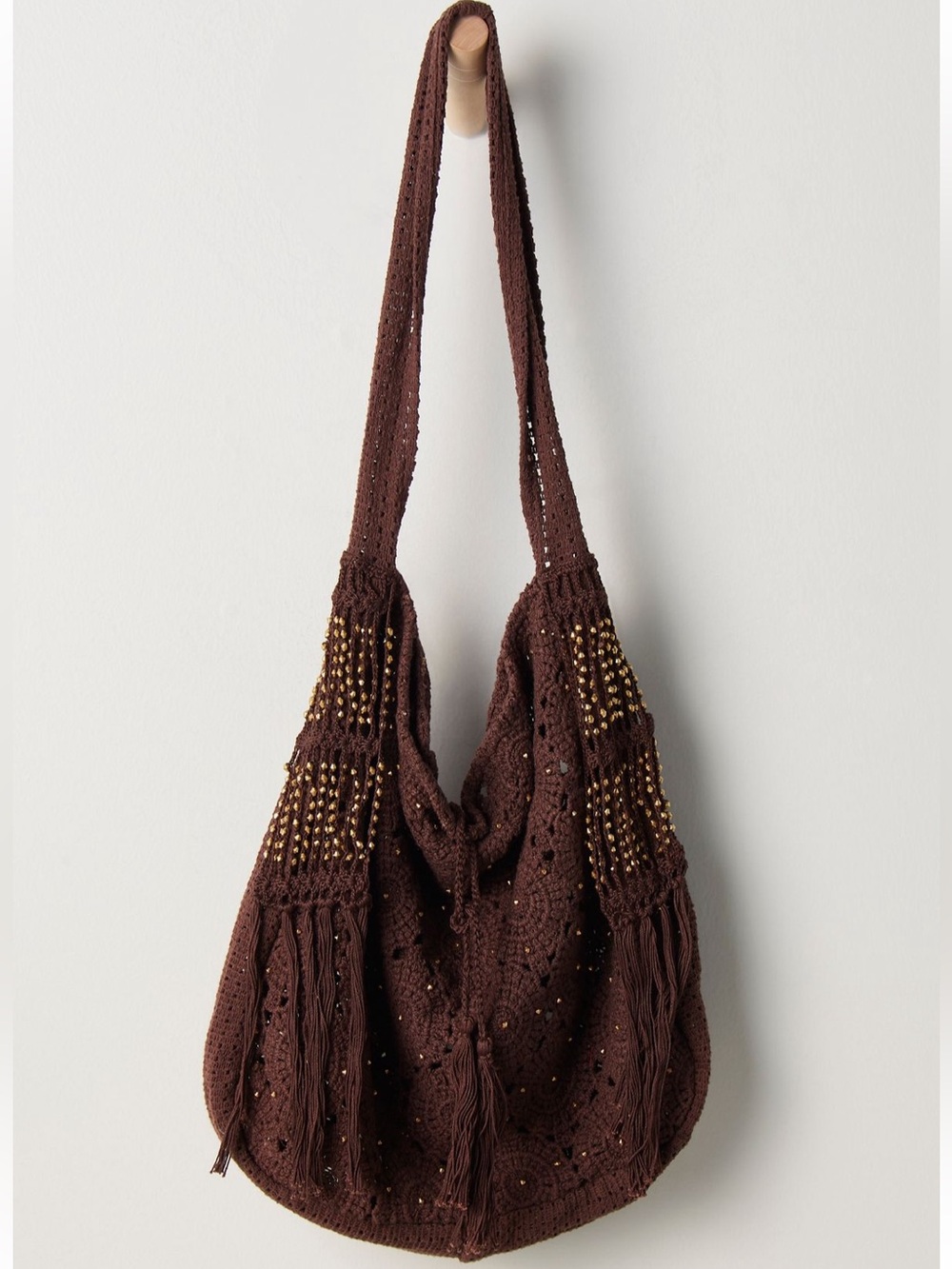 Free people sunrise to sunset crochet tote brown gold shoulder bag purse NWT